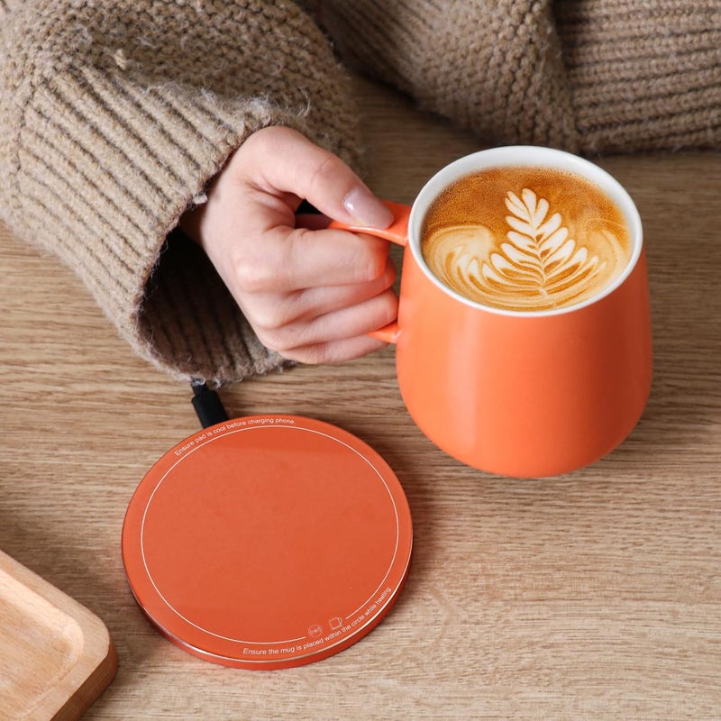 APEKX Warm Cup Coffee Mug Warmer Set - Smart Stable Constant Temperature 131°F, 15W Wireless Charging, 12.8 oz Capacity - Supports USB-C Interface, Automatic Power On/Off Function (4 H). (Tangerine) - Image 4